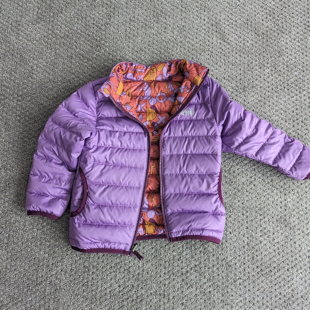 REI kids down puffy reversible jacket